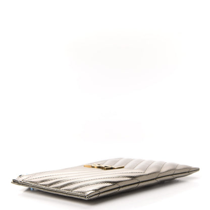 Saint Laurent Metallic Grain De Poudre Matelasse Chevron Monogram Bill Pouch Piombo 4 of 8