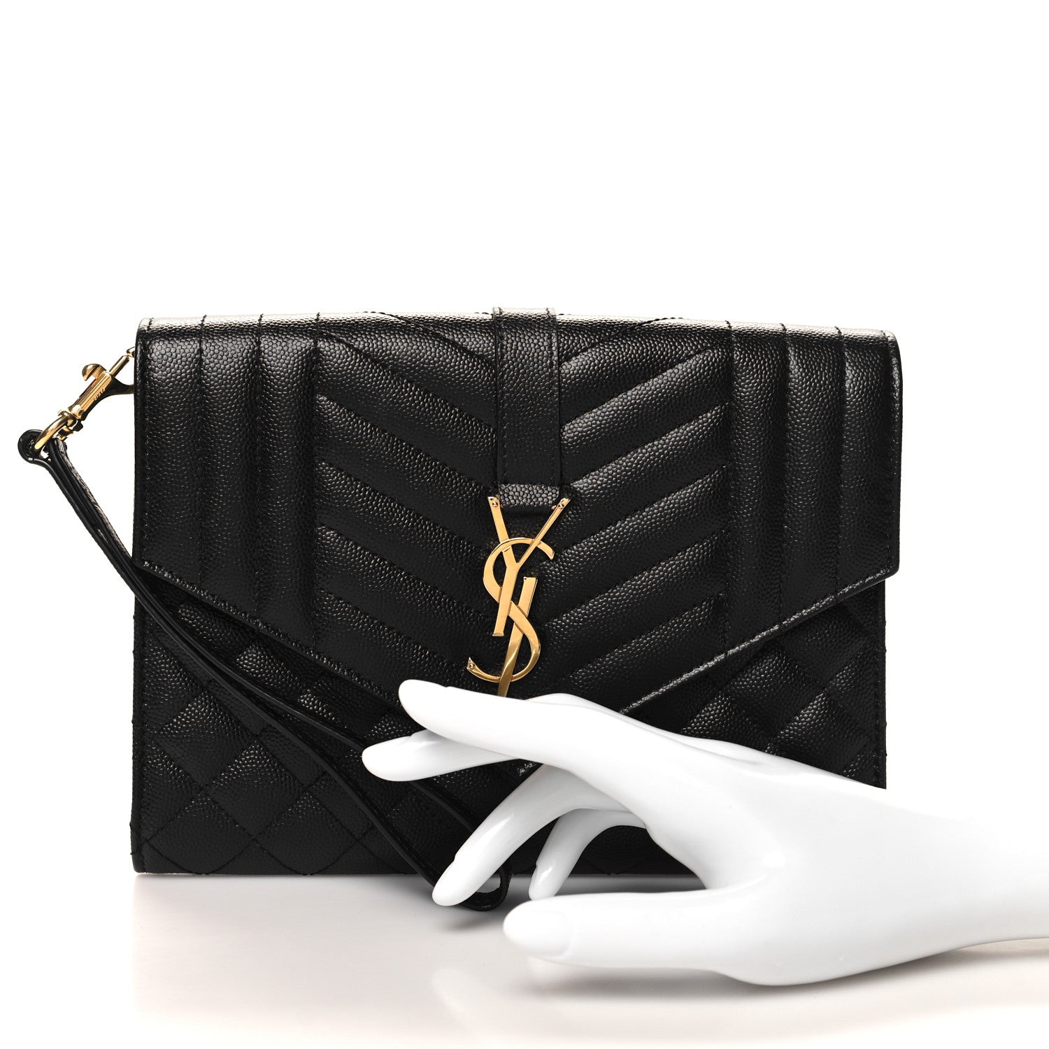Saint Laurent SAINT LAURENT Grain De Poudre Matelasse Chevron Monogram Envelope Clutch Black 2 of 11