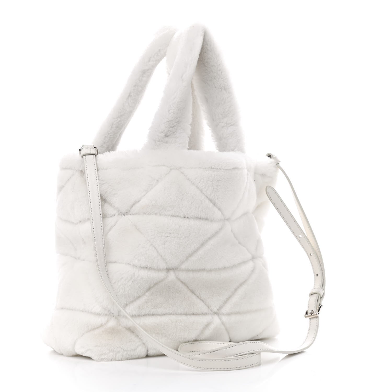 Prada Shearling Nappa Triangle Quilted Patchwork System Tote White 3 of 10