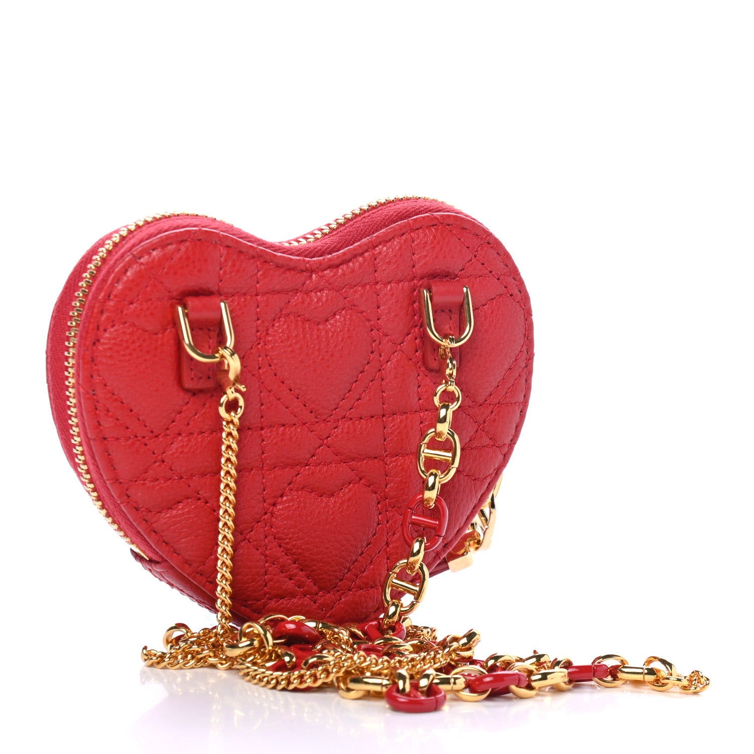 Christian Dior Calfskin Cannage Dioramour Caro Heart Pouch With Chain Bright Red 2 of 7