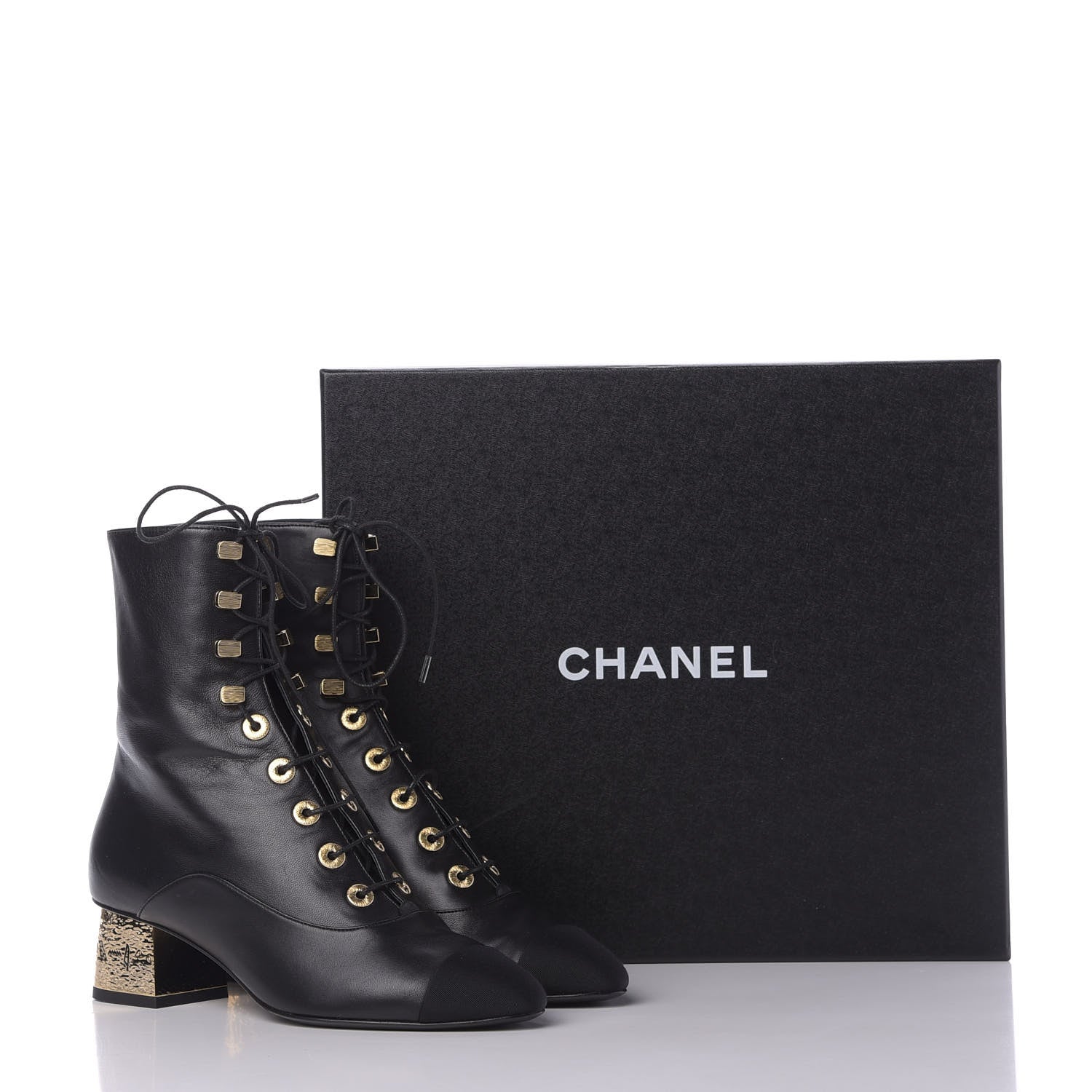 Chanel Lambskin Grosgrain Cap Toe Egyptian Amulet CC Lace Up Boots 37 Black 9 of 9