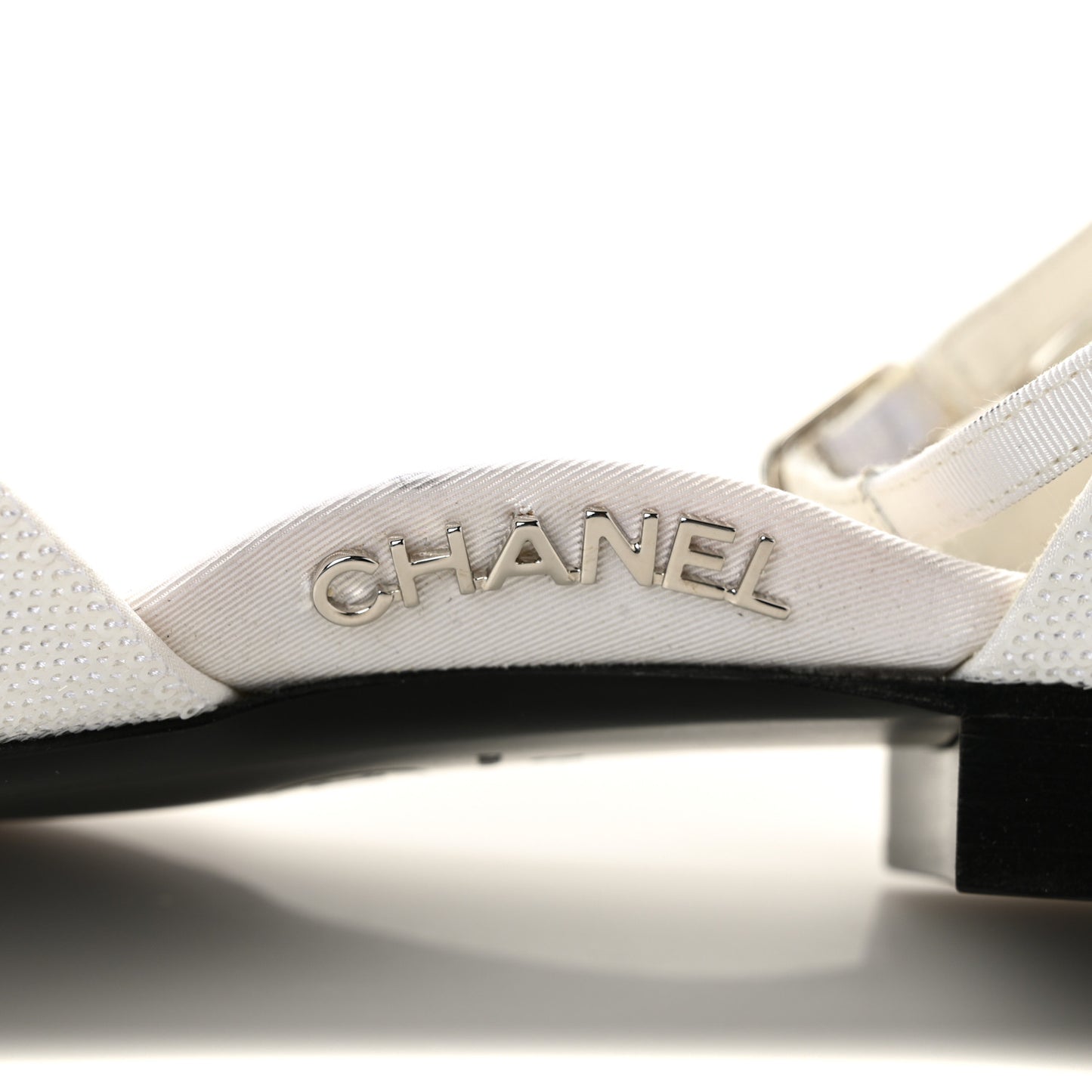 Sequin Grosgrain Cap Toe CC Ankle Strap Sandals 42 White Black