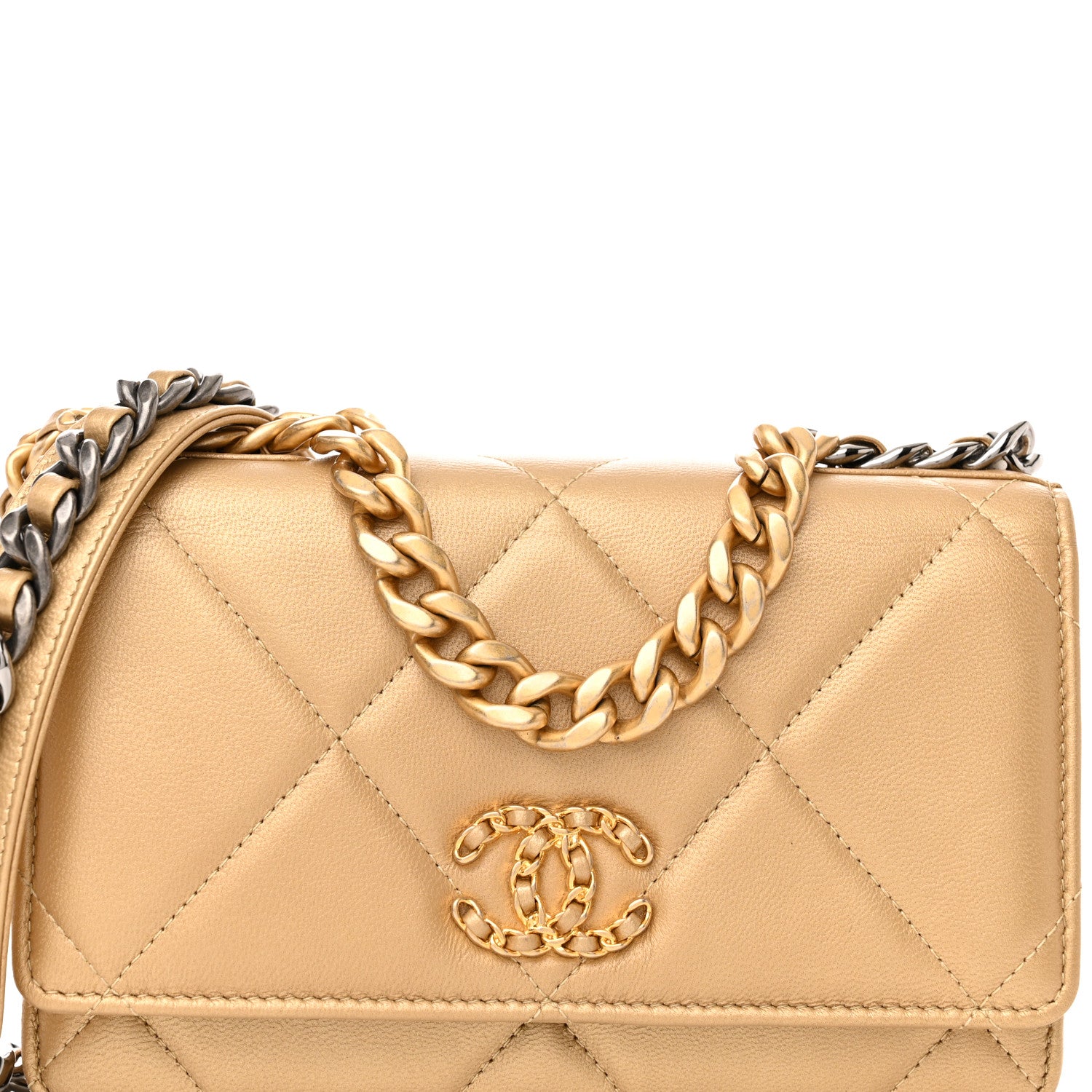 Chanel Metallic Goatskin Quilted Chanel 19 Wallet On Chain WOC Gold 8 of 18