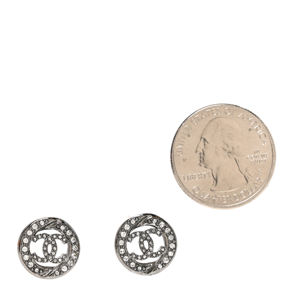 Chanel Metal Crystal CC Logo Round Earrings Silver 5 of 10