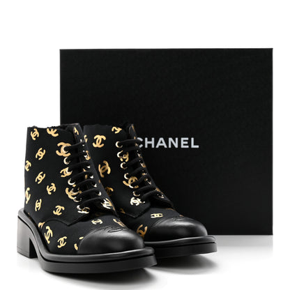 Chanel Lambskin Shearling Canvas CC Lace Up Boots 39 Black Gold 17 of 17