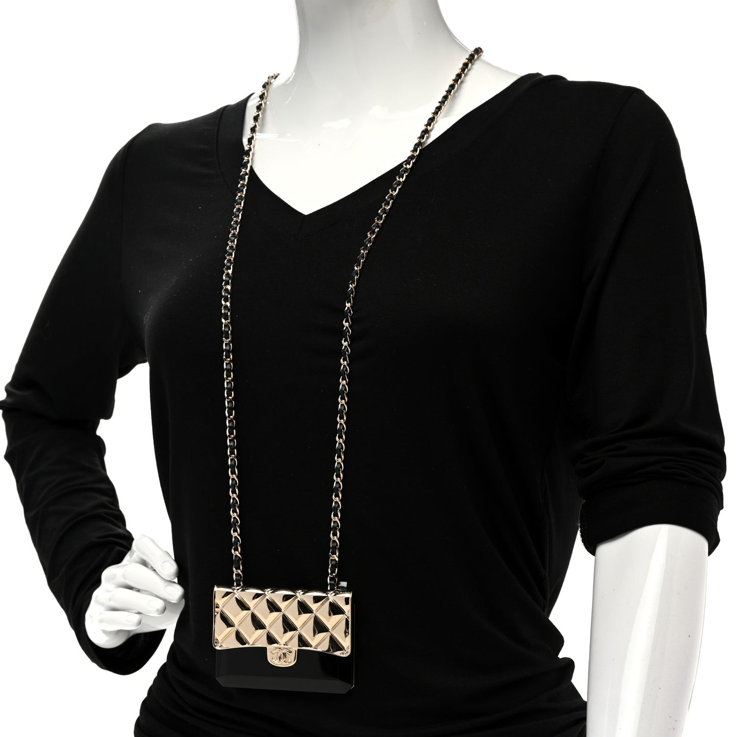 Metal Resin Lambskin Flap Bag Long Necklace Gold Black