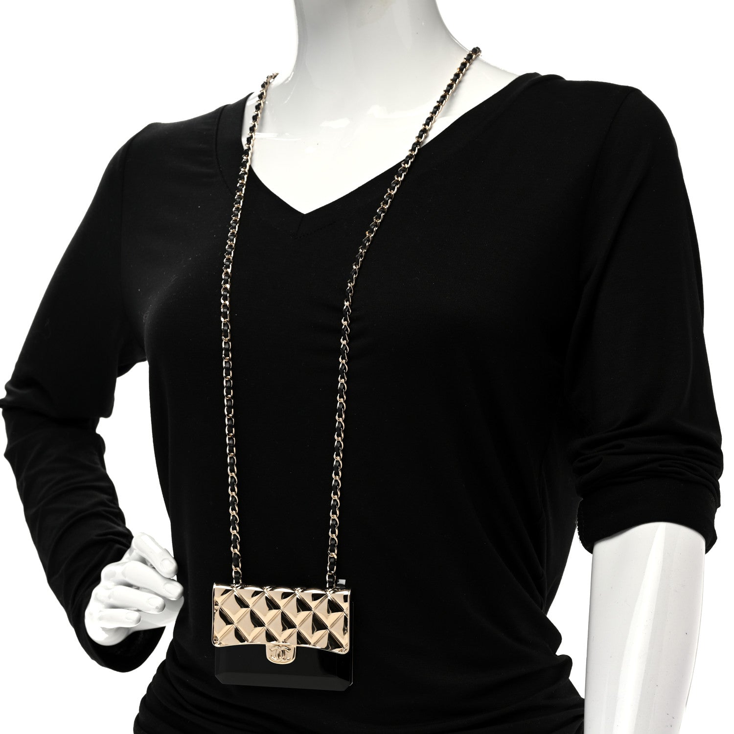 Chanel Metal Resin Lambskin Flap Bag Long Necklace Gold Black 2 of 5