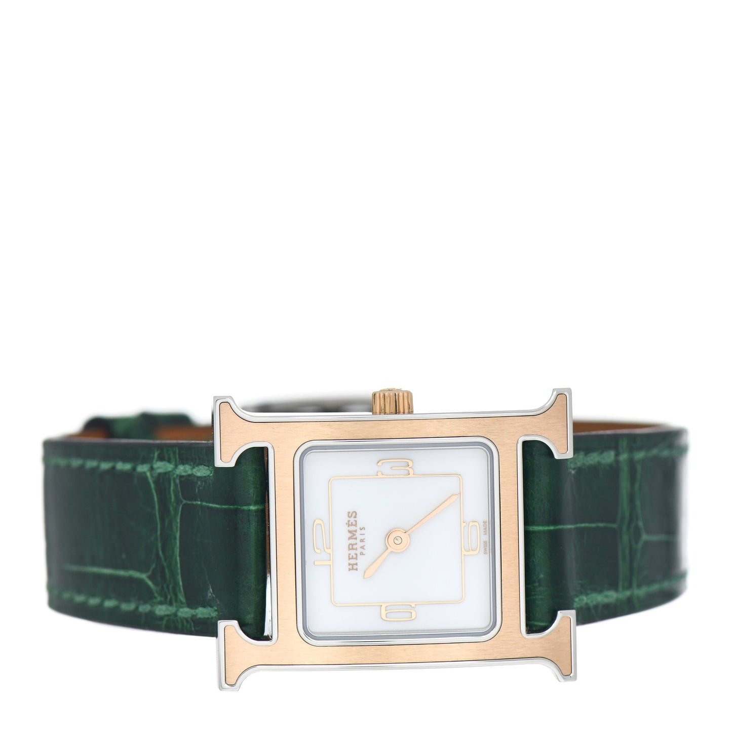 Stainless Steel Alligator Mother of Pearl 21mm Heure H Hour Quartz Watch Vert Moyen