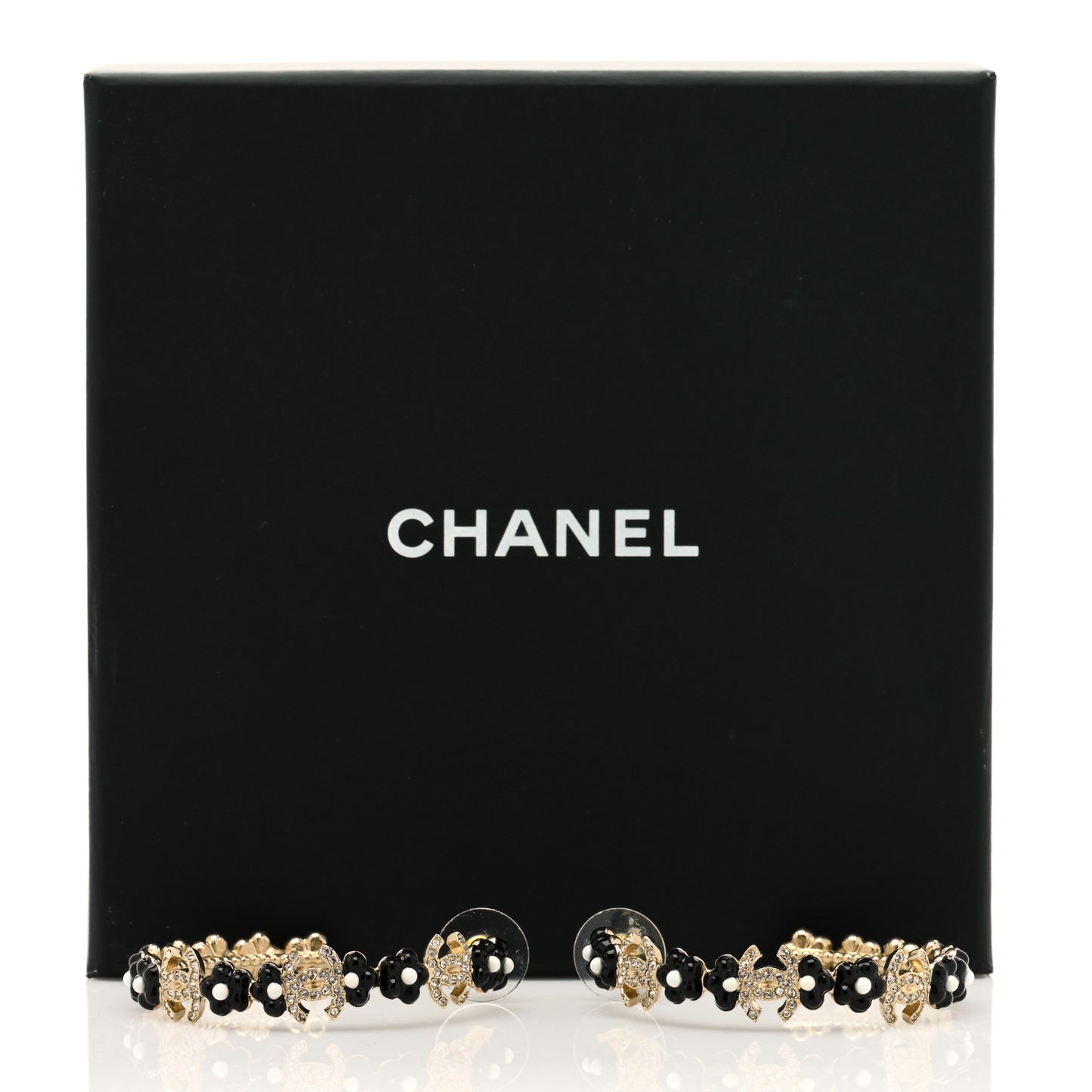 Metal Strass Crystal Flower CC Hoop Earrings Gold Black White