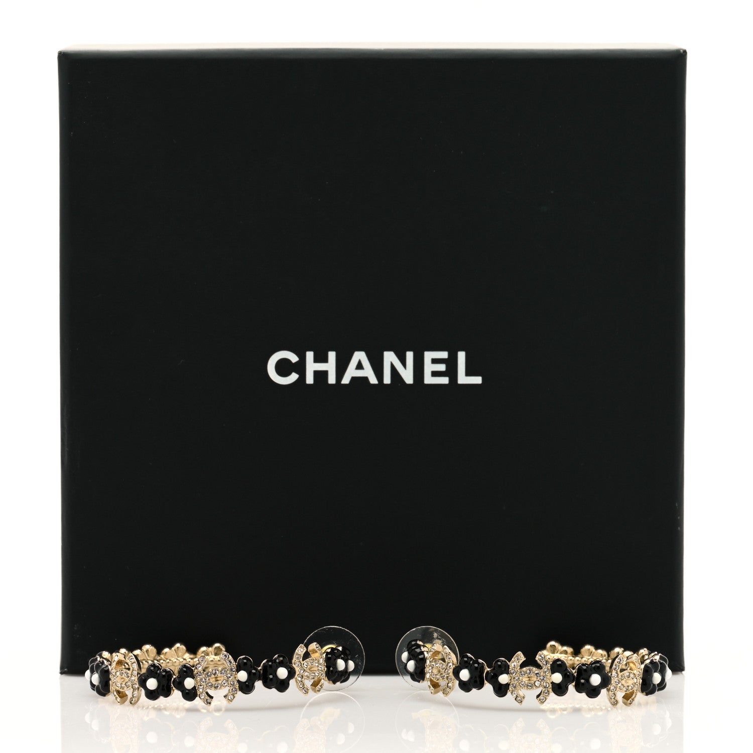 Chanel Metal Strass Crystal Flower CC Hoop Earrings Gold Black White 4 of 4
