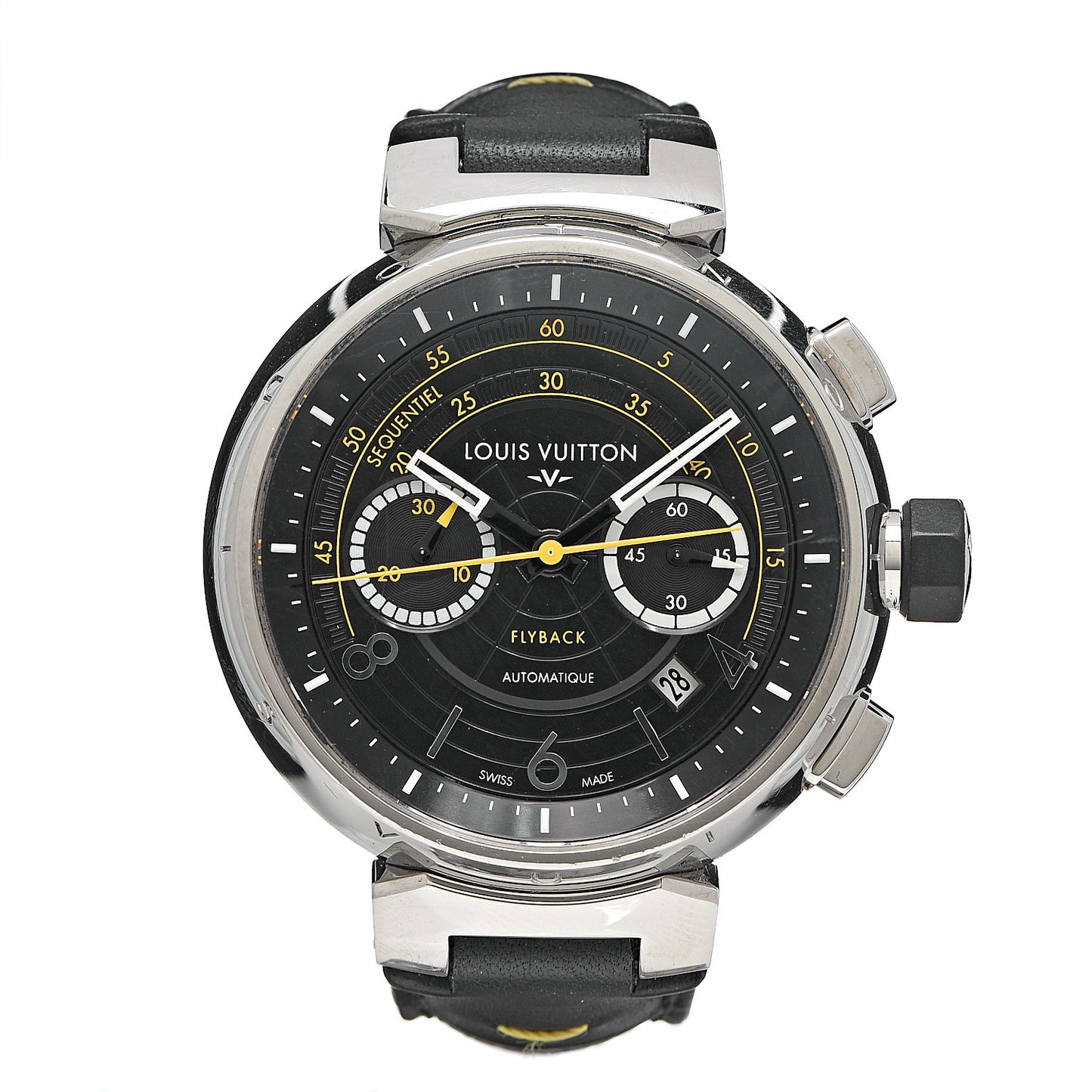 Stainless Steel Alligator 44mm Tambour Flyback Chronograph Automatic Watch Black