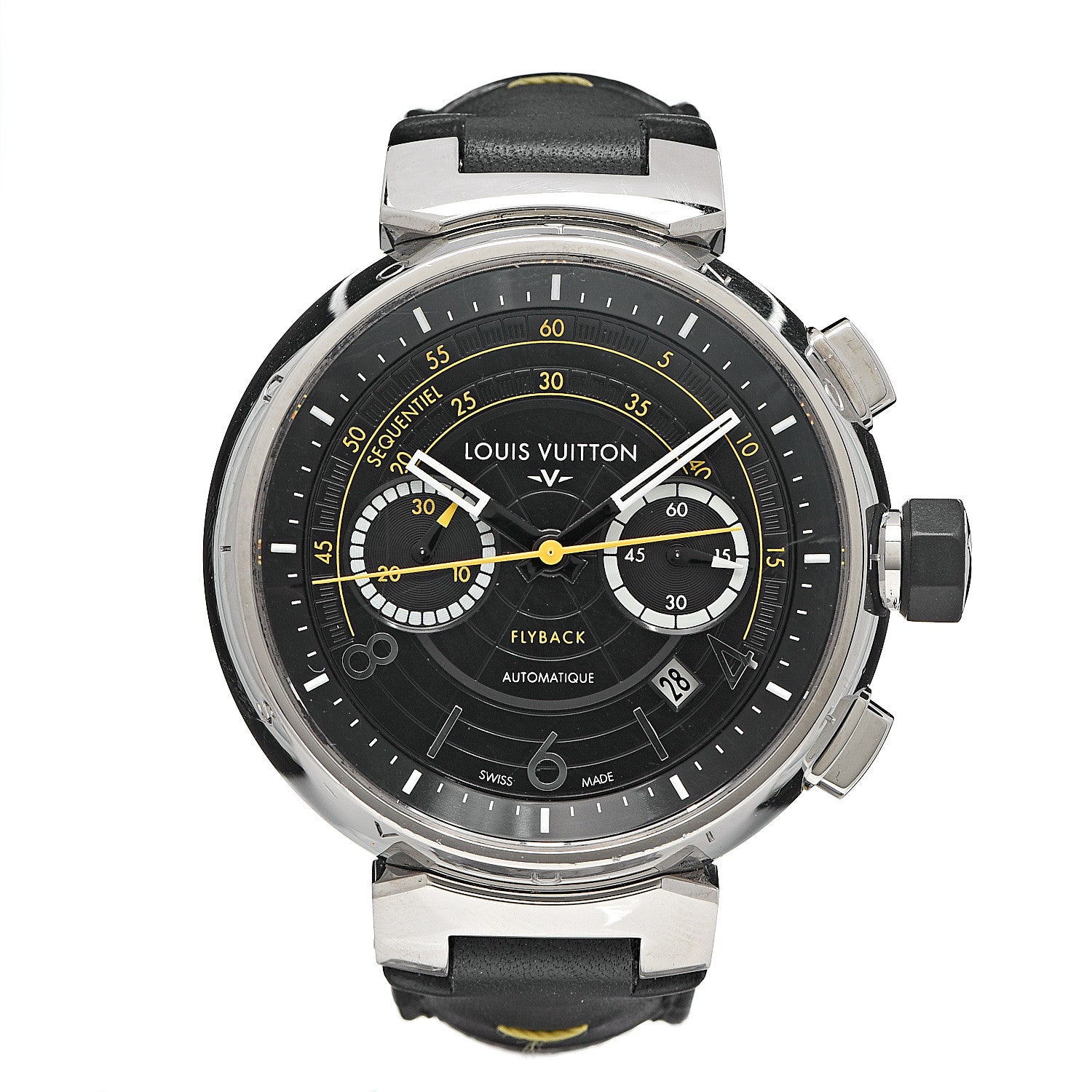 Louis Vuitton Stainless Steel Alligator 44mm Tambour Flyback Chronograph Automatic Watch Black 1 of 7
