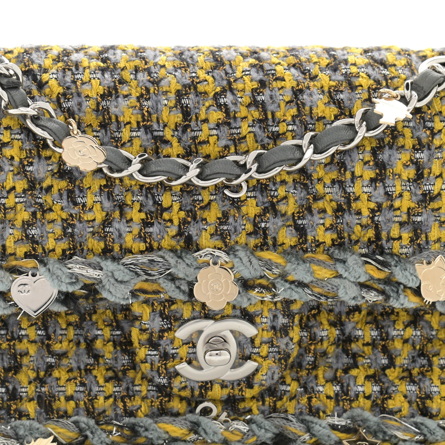 Tweed Braided Charms Small Flap Yellow Grey Black