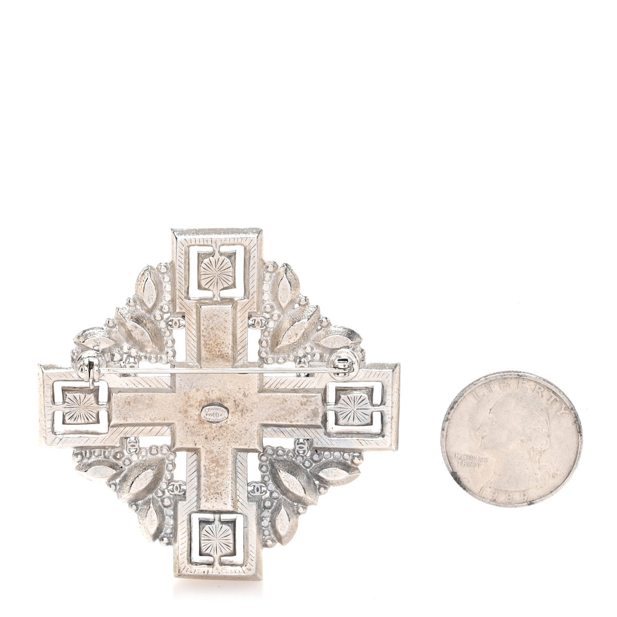 Chanel Crystal Baguette Maltese Cross Brooch Black Silver 2 of 3