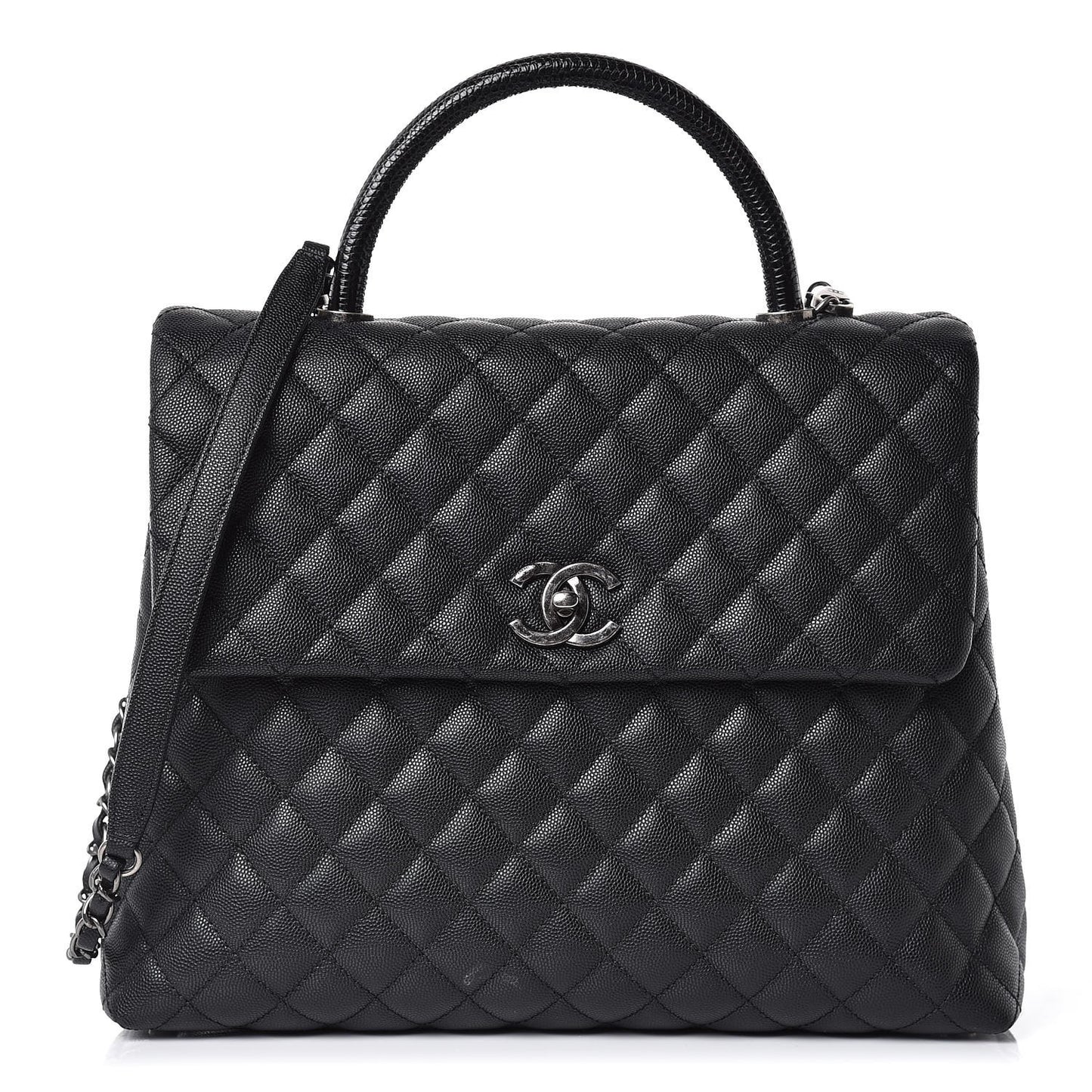 Caviar Lizard Quilted Large Coco Handle Flap Black