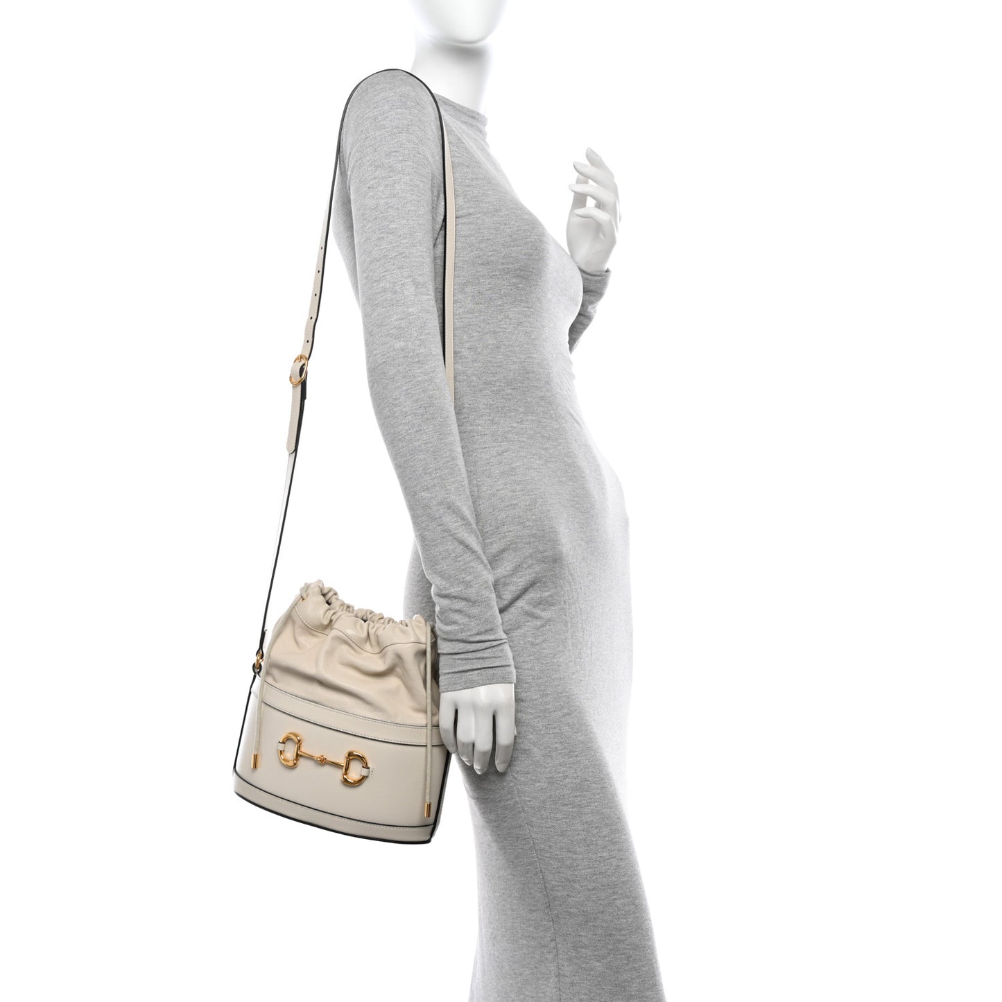 Azalea Sakai Calfskin Horsebit 1955 Drawstring Bucket Bag Mystic White