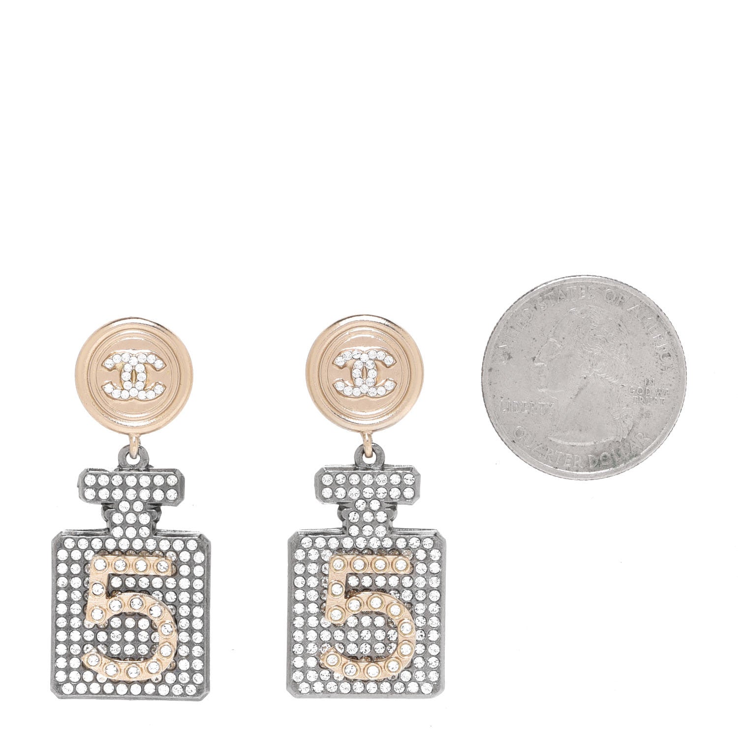 Chanel Crystal CC No 5 Perfume Bottle Drop Earrings Gold Silver 2 of 5
