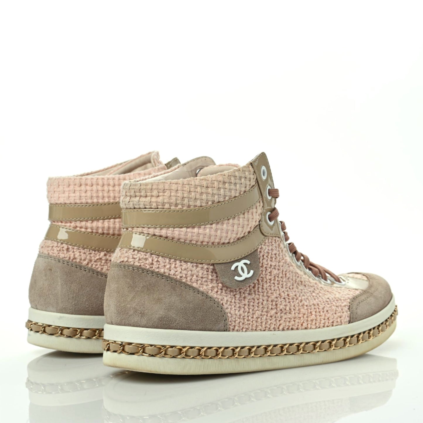 Tweed Suede Chain CC High Top Sneakers 40 Pink