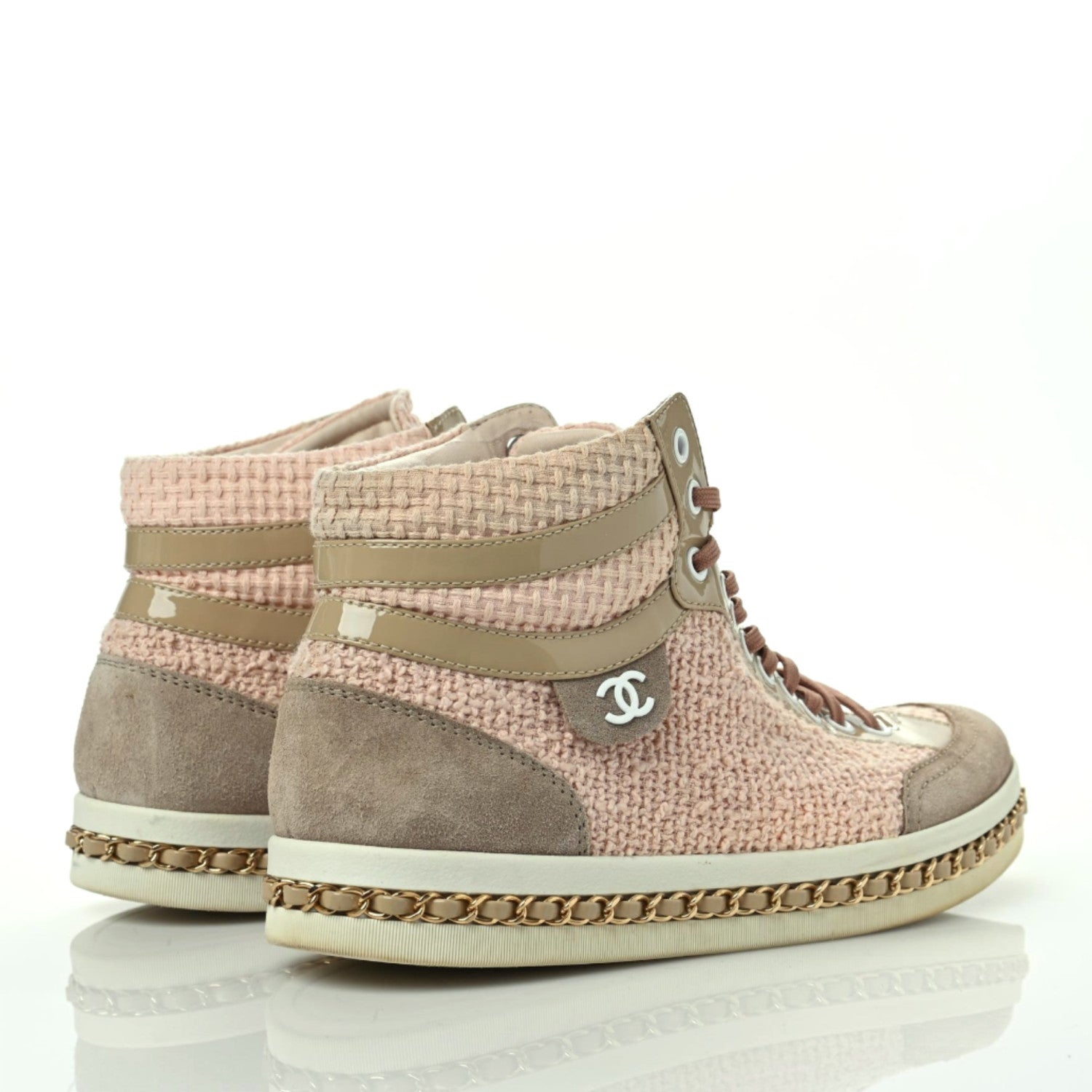 Chanel Tweed Suede Chain CC High Top Sneakers 40 Pink 4 of 9