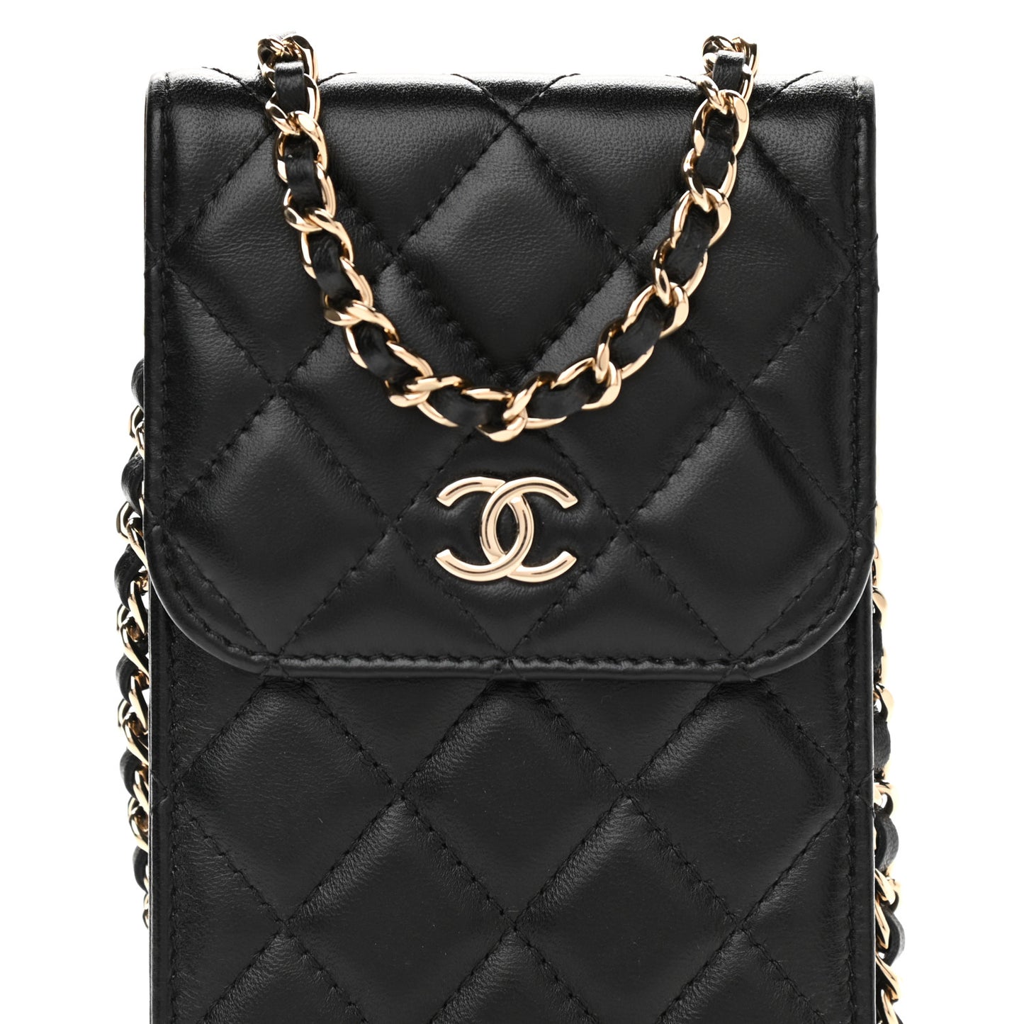 Lambskin Quilted Mini Camellia Bow Phone Holder Black