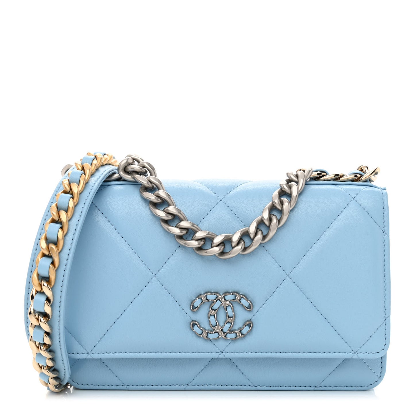 Lambskin Quilted Chanel 19 Wallet On Chain WOC Light Blue