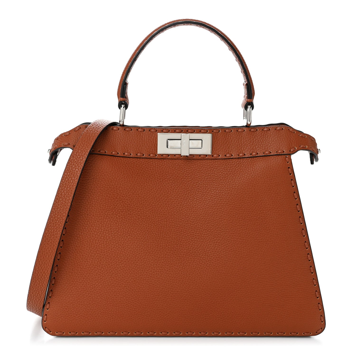 Fendi Cuoio Roma Sellerissima Nappa Sintetica Tape Stitch Medium Peekaboo I SEE U Satchel Brandy 1 of 10