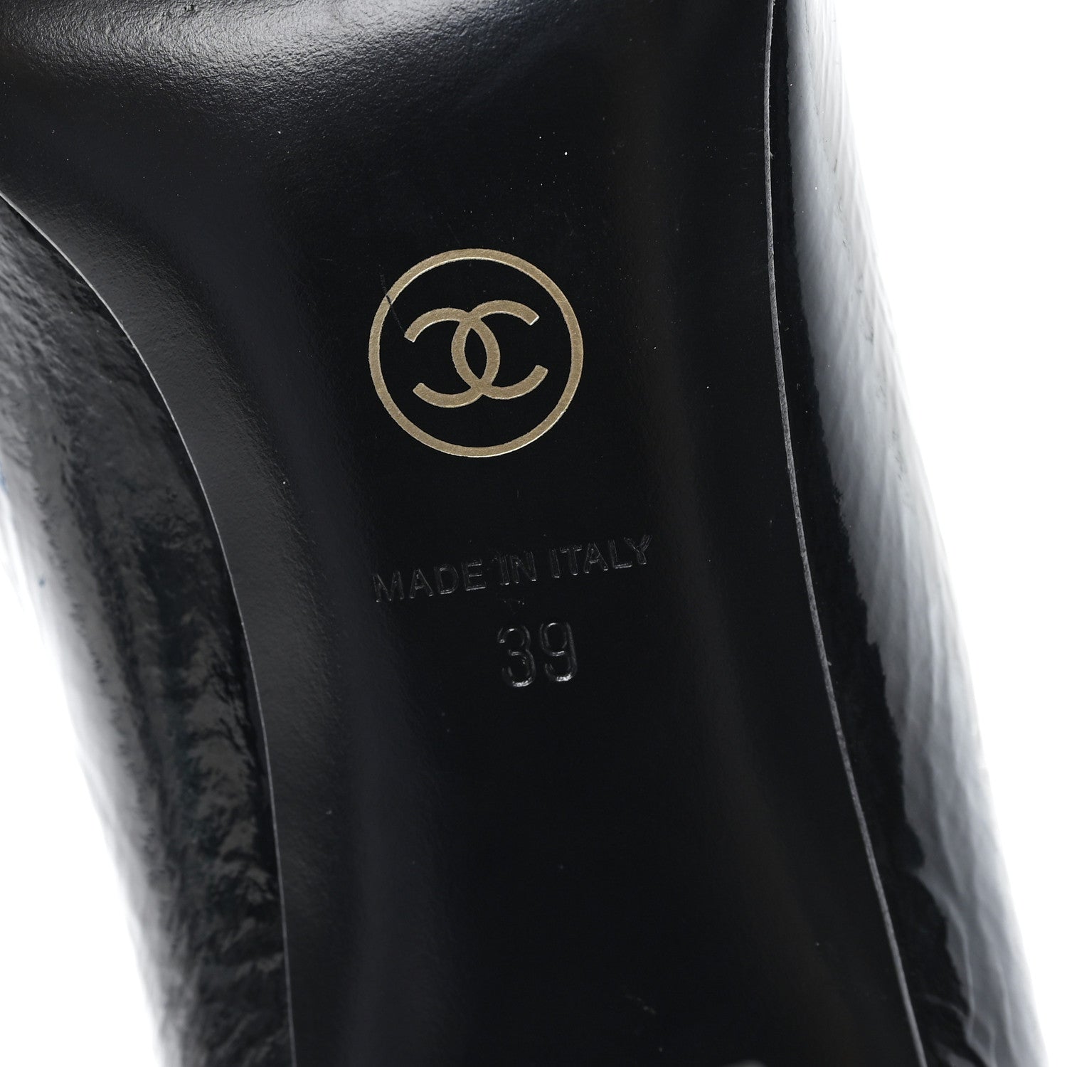 Chanel Crumpled Goatskin Patent Calfskin Crystal Cap Toe Logo Pumps 39 Black 7 of 10
