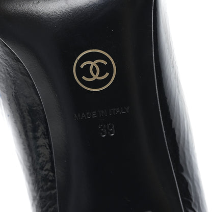 Chanel Crumpled Goatskin Patent Calfskin Crystal Cap Toe Logo Pumps 39 Black 7 of 10