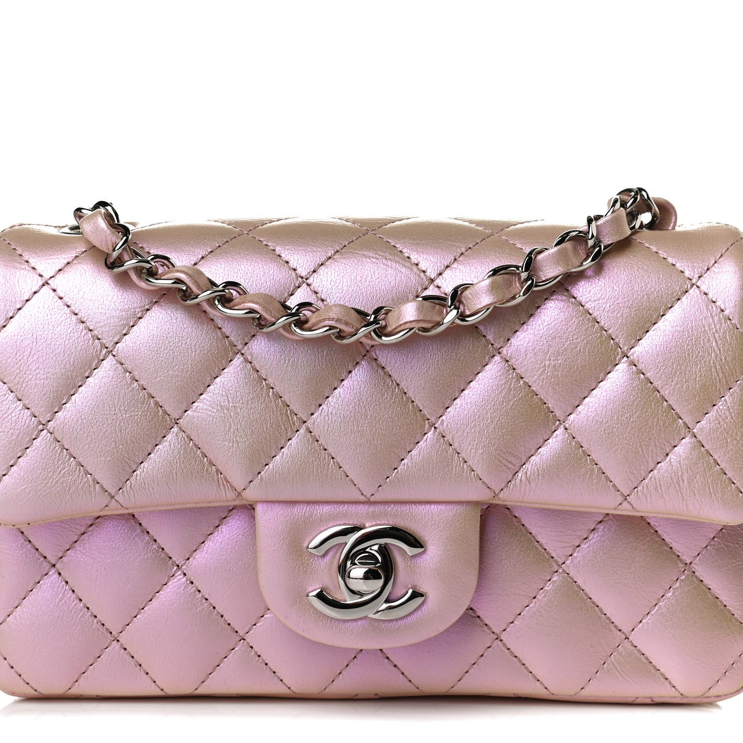 Iridescent Calfskin Quilted Mini Rectangular Flap Pink