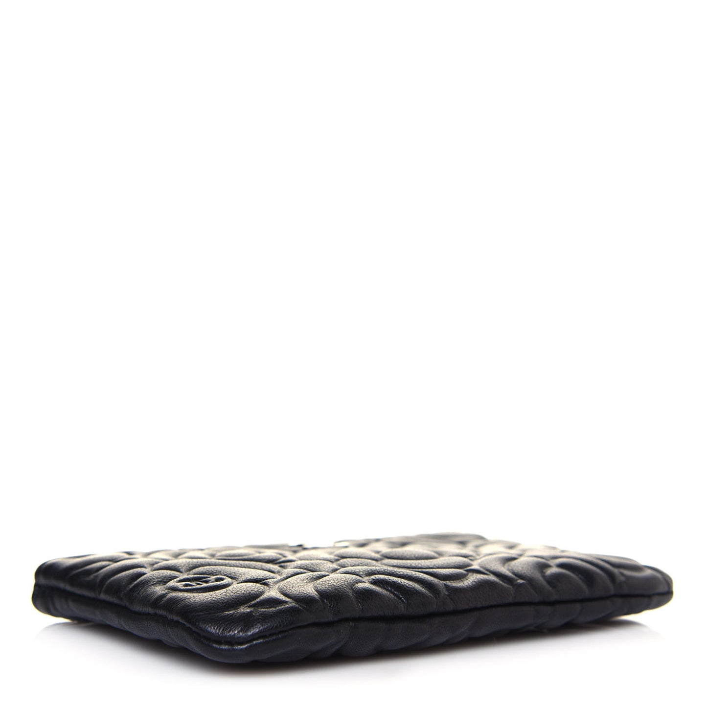 Goatskin Camellia Embossed Cosmetic Pouch Black