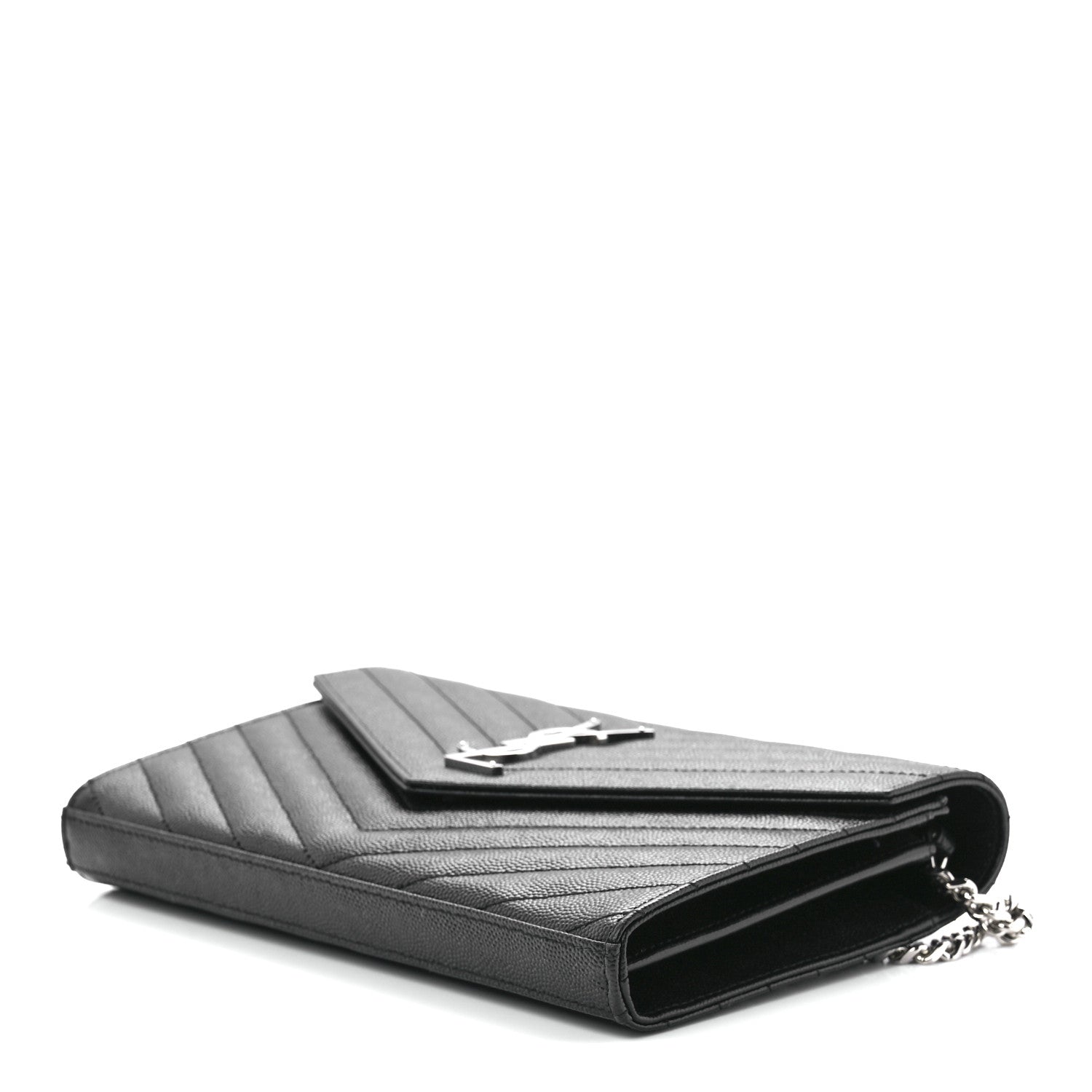 Saint Laurent Grain De Poudre Matelasse Chevron Monogram Chain Wallet Black 7 of 9