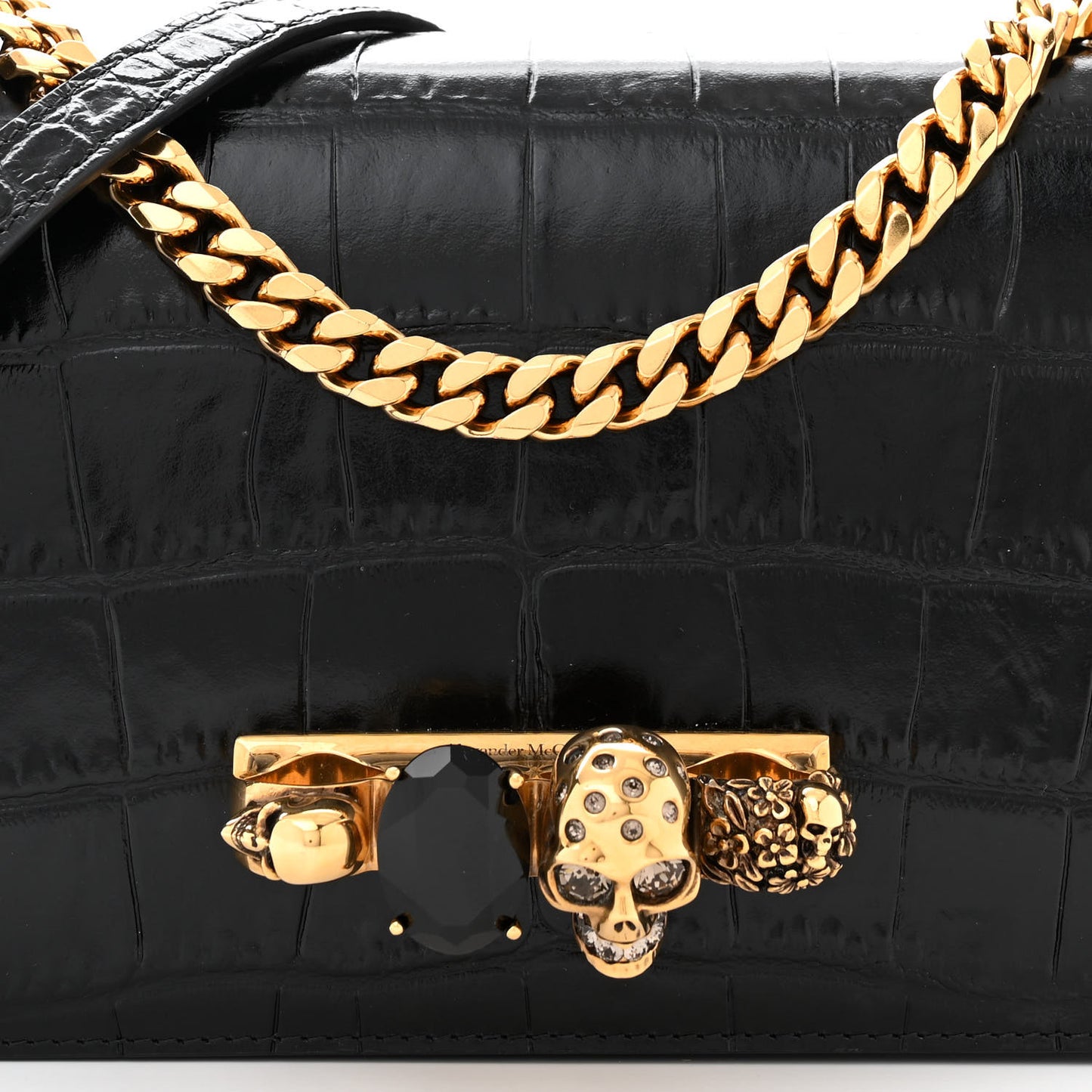 Shiny Crocodile Embossed Jeweled Satchel Black