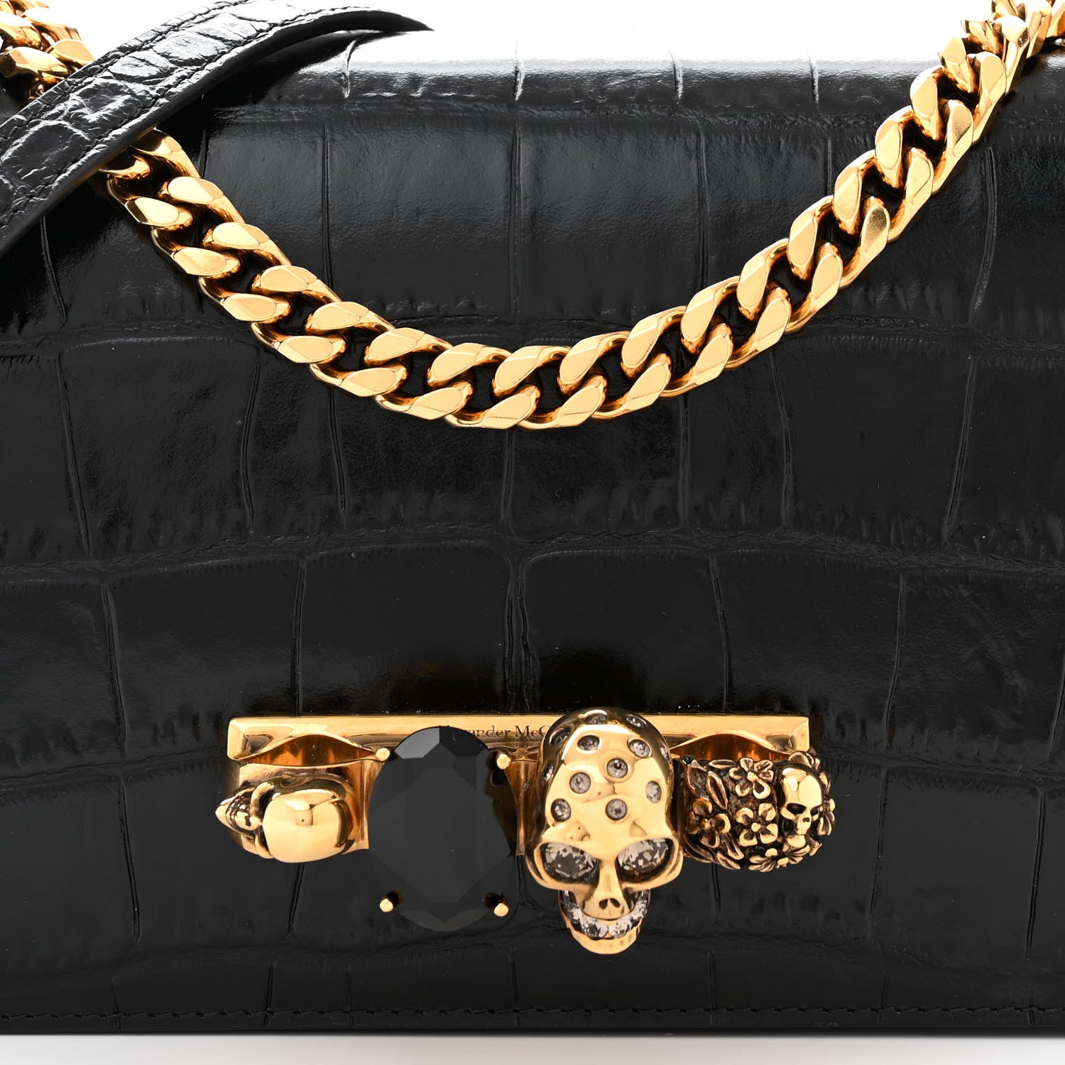 Alexander McQueen Shiny Crocodile Embossed Jeweled Satchel Black 7 of 9
