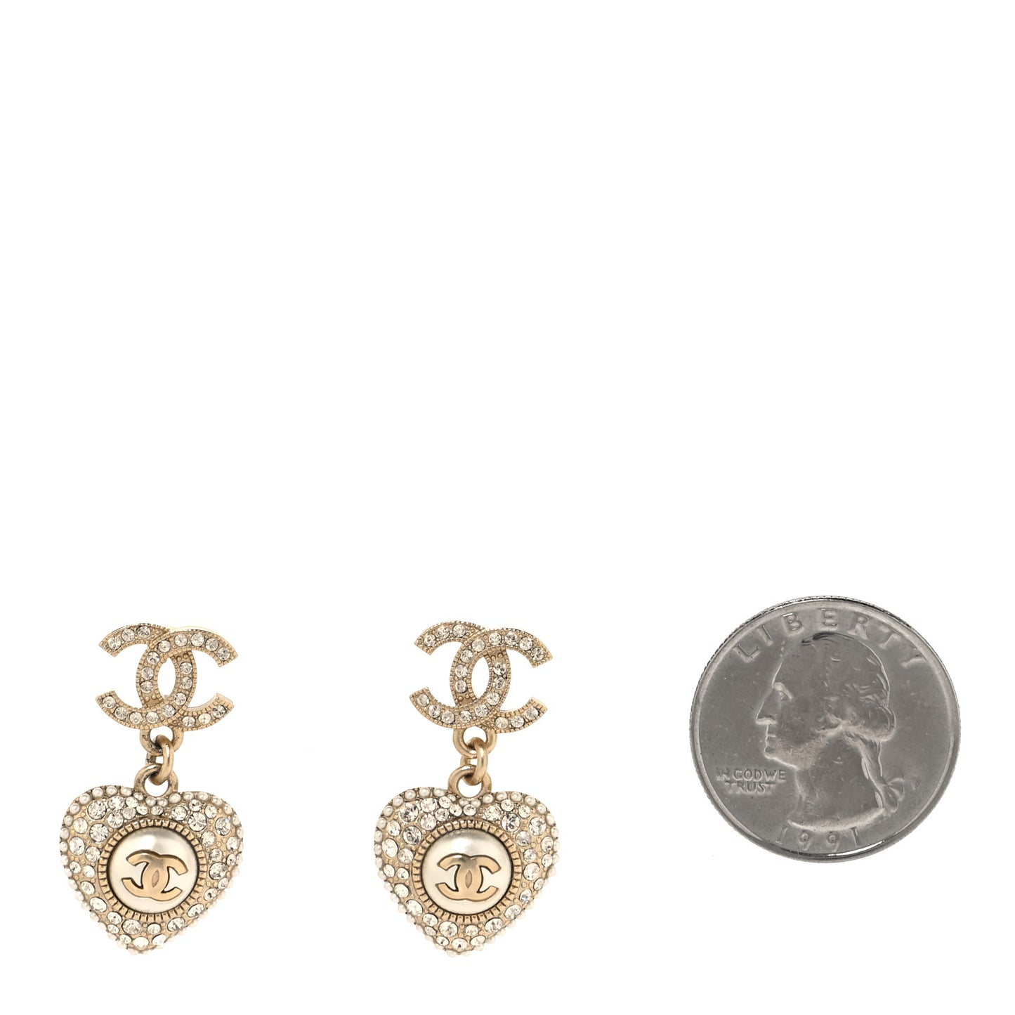 Pearl Crystal CC Heart Drop Earrings Gold White