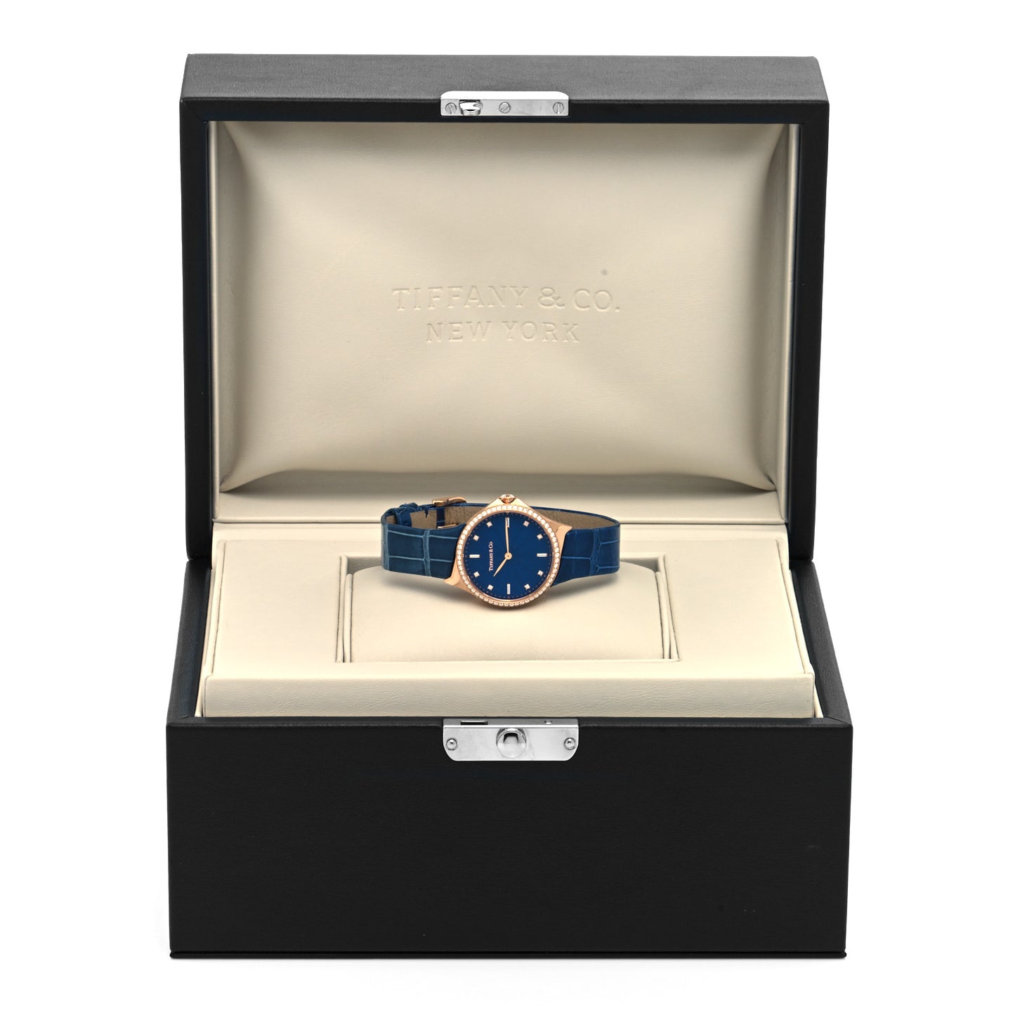 18K Rose Gold Alligator Diamond Bezel 28mm Metro Quartz Watch Navy