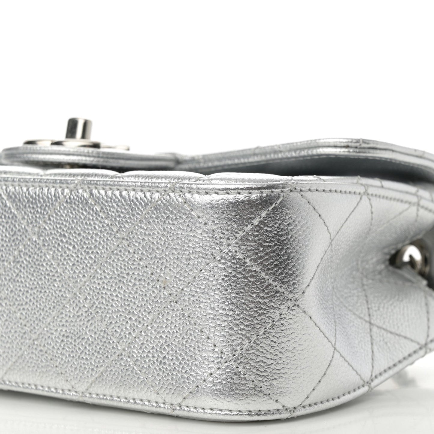 Metallic Caviar Quilted Mini Rectangular CC Slide Flap Silver
