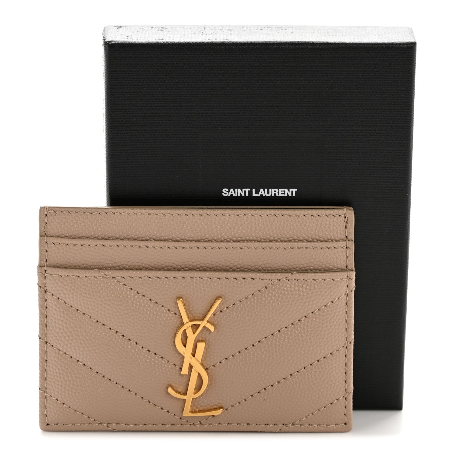 Saint Laurent Grain De Poudre Matelasse Chevron Monogram Credit Card Case Dark Beige 8 of 8