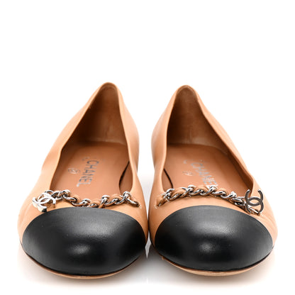 Chanel Lambskin Cap Toe Chain Ballerina Flats 37.5 Beige Black 2 of 10