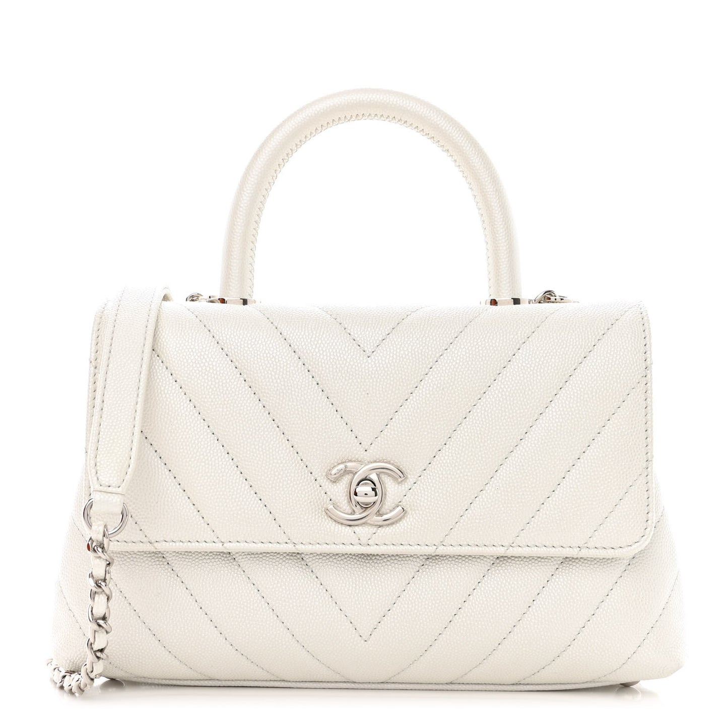 Iridescent Caviar Chevron Quilted Mini Coco Handle Flap White
