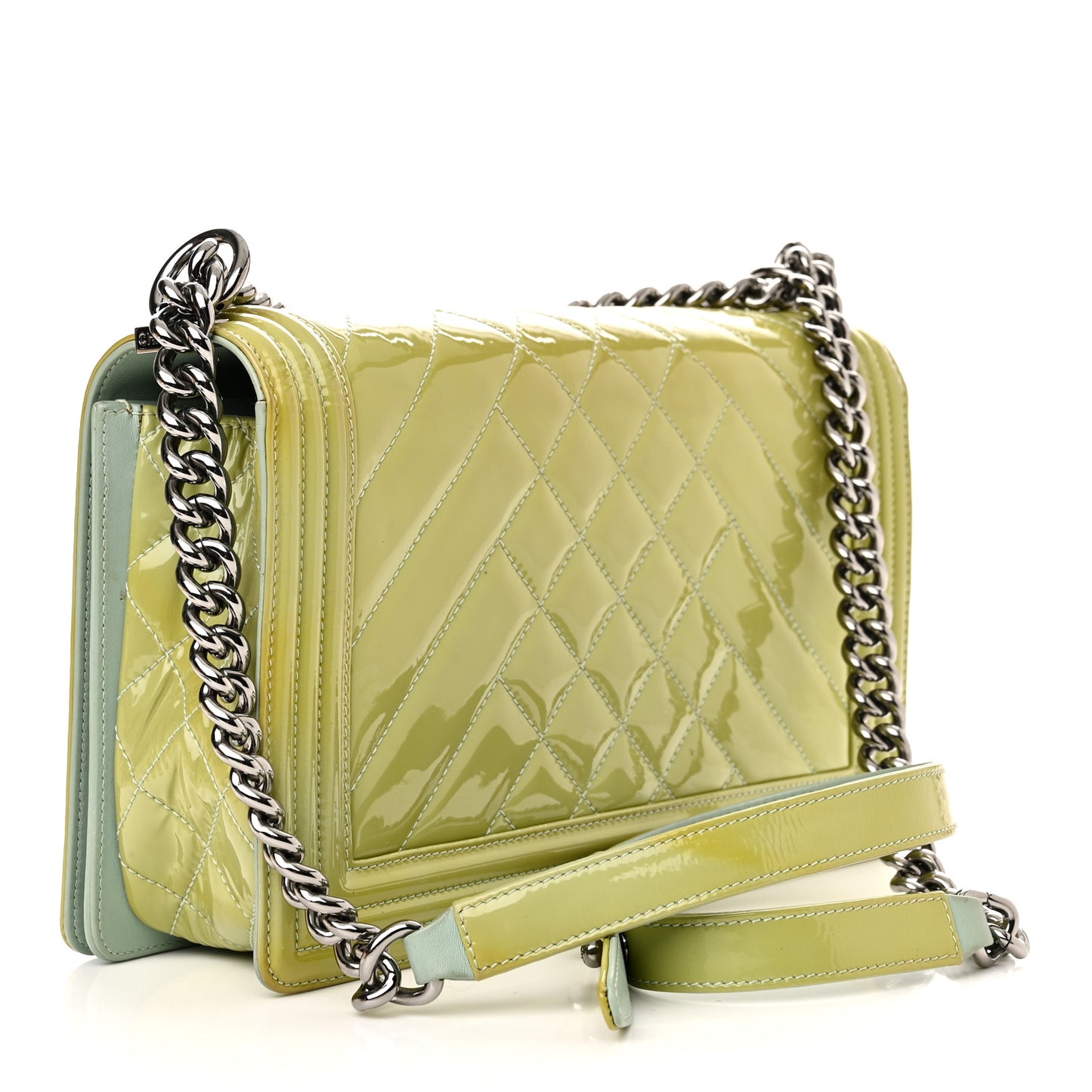 Patent Chevron Quilted New Medium Boy Flap Green