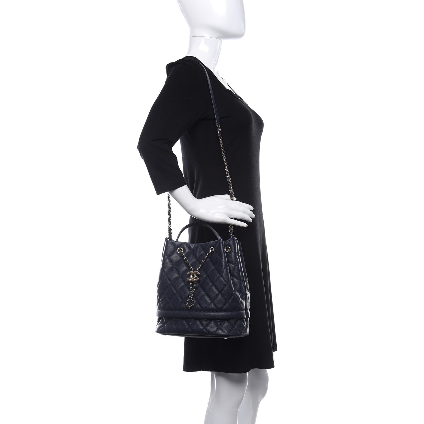 Caviar Quilted Rolled Up Bucket Drawstring Bag Navy