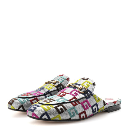 Gucci Velvet Lurex Square G Womens Princetown Slippers 37.5 Silver Multicolor 4 of 10