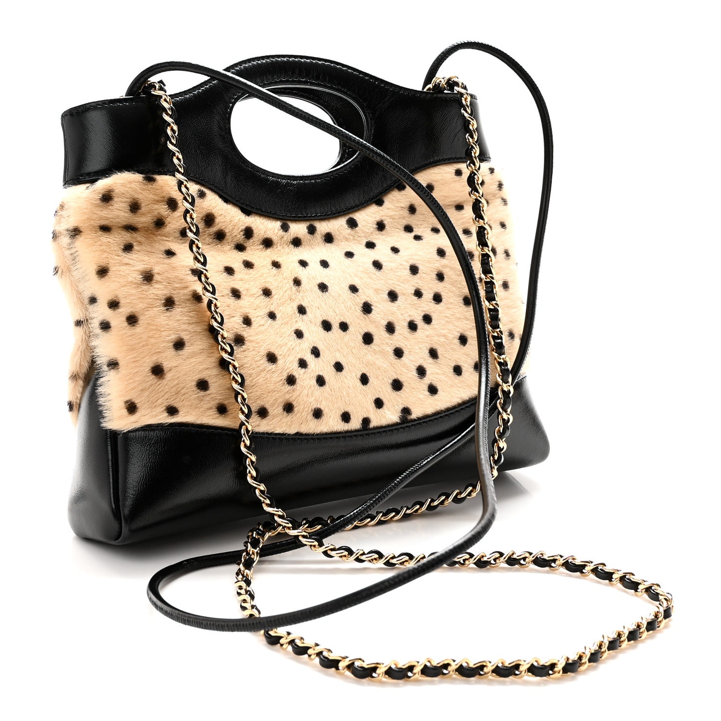 Shiny Lambskin Pony Hair Cheetah Printed Mini 31 Shopping Bag Light Beige Black