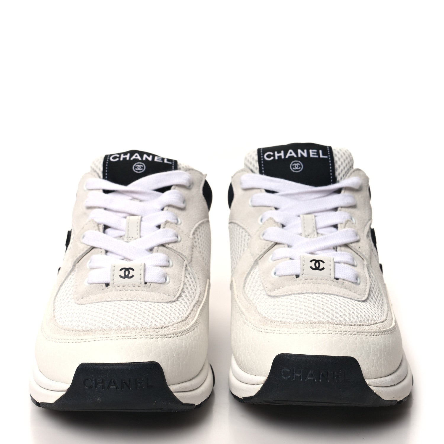 Chanel Mesh Suede Calfskin Grained Calfskin Womens CC Sneakers 37 White Black 2 of 8