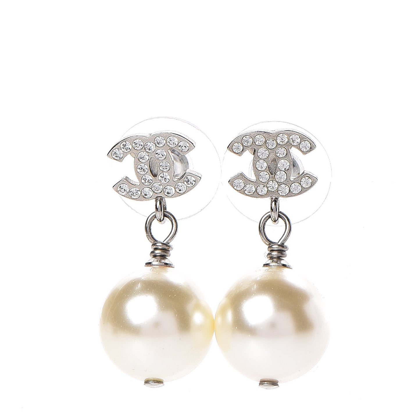 Crystal Pearl CC Drop Earrings Silver Pearly White