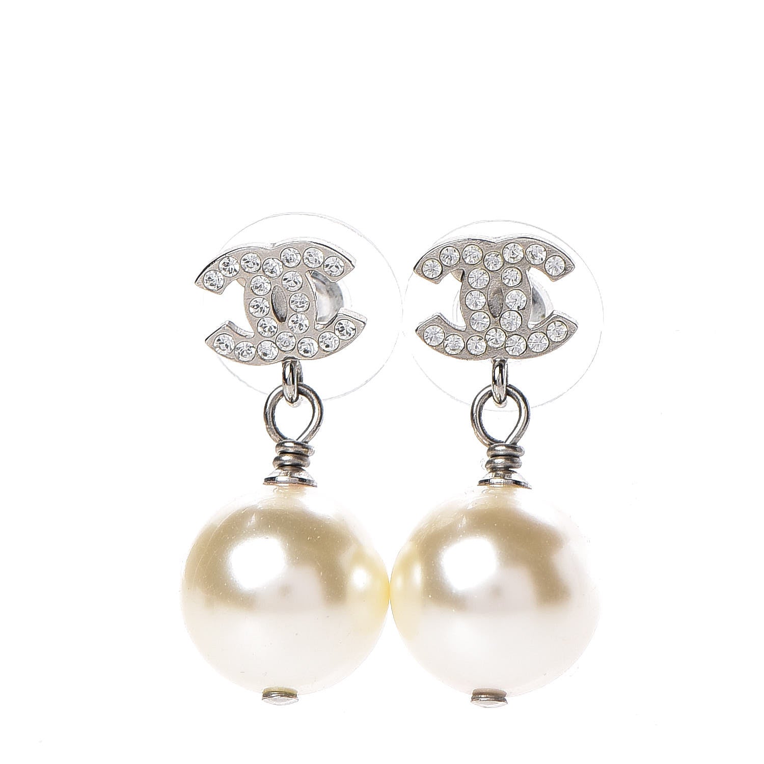 Chanel Crystal Pearl CC Drop Earrings Silver Pearly White 1 of 5