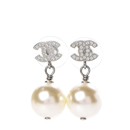 Chanel Crystal Pearl CC Drop Earrings Silver Pearly White 1 of 5
