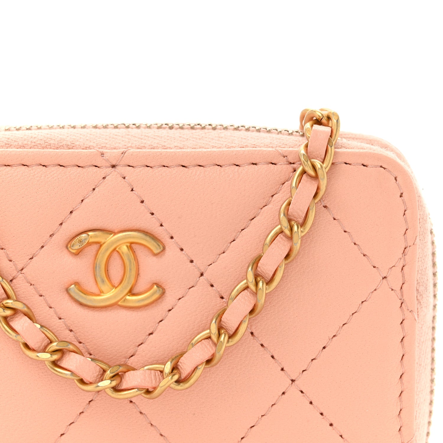 Chanel Lambskin Quilted CC Pearl Crush Zip Card Holder On Chain Pink 8 of 11