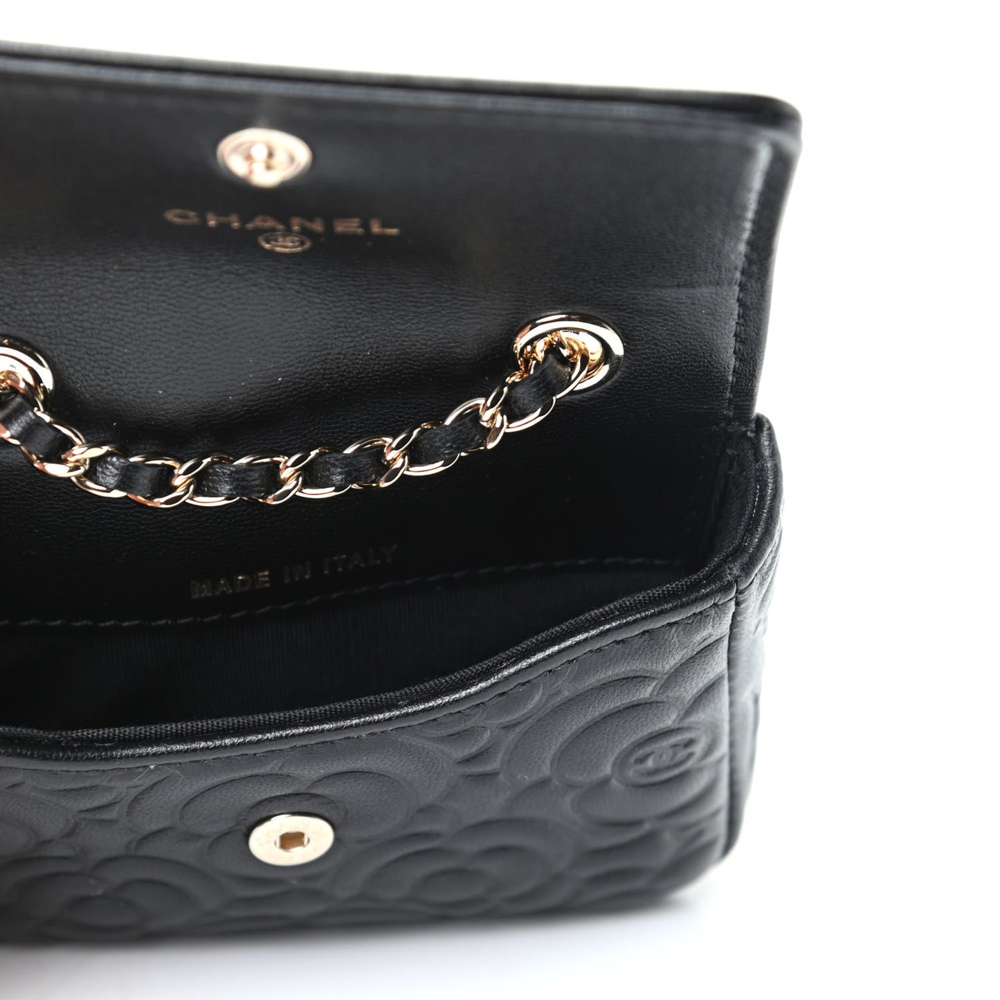 Lambskin Camellia Embossed Chain Belt Bag Black
