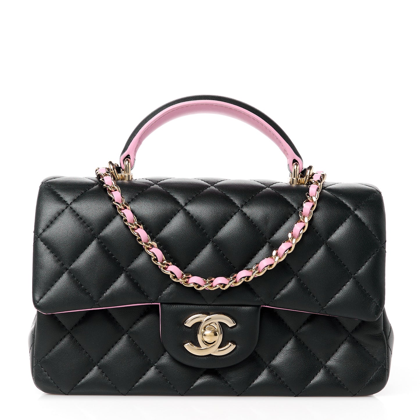 Lambskin Quilted Bi-Color Mini Top Handle Rectangular Flap Black Lilac